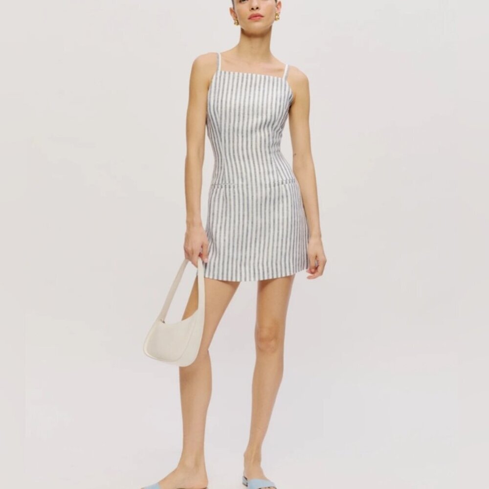 NEW Reformation Phillipa Linen Mini Dress in Antibes Stripe Blue White | size 4 - Picture 6 of 12